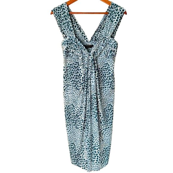 BCBGMAXAZRIA Teal Green Abstract Bodycon Sweetheart Ruched Twist-Knot Dress Sz S - Picture 9 of 15